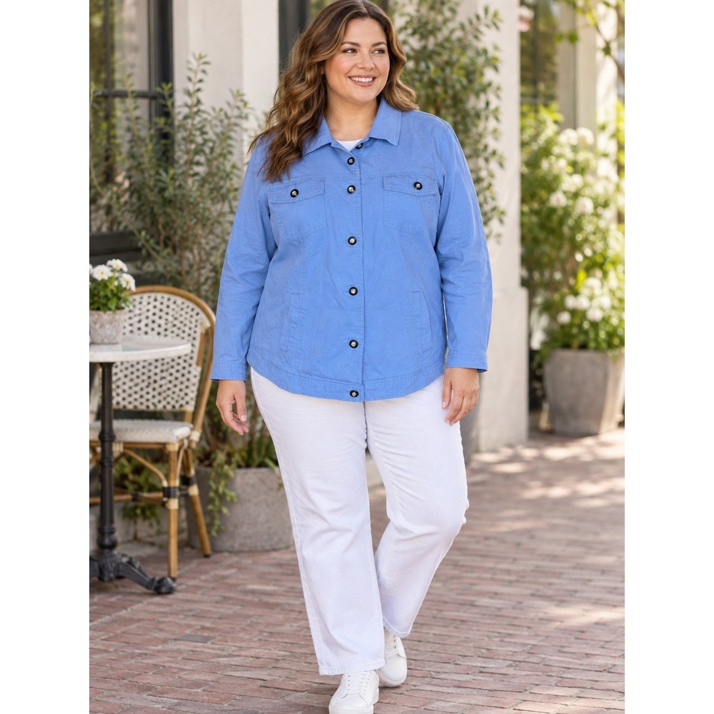 k291. Denim & Co Light Blue Button Front Jacket Rhinestone Detail 1X